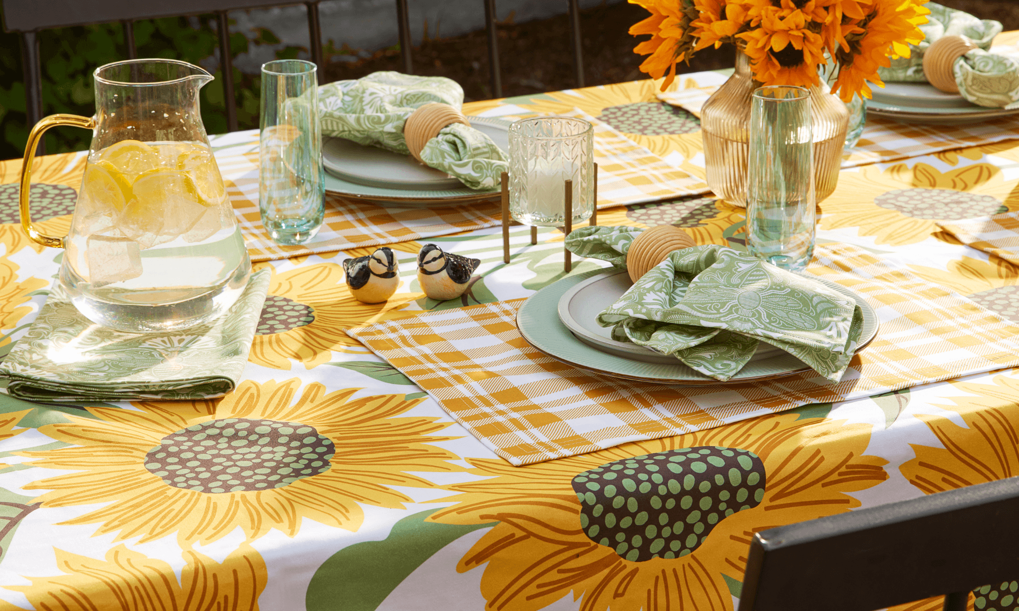 Table set with sunflower themed table linens made with Extra Wide Cotton Sateen 6.5 oz.