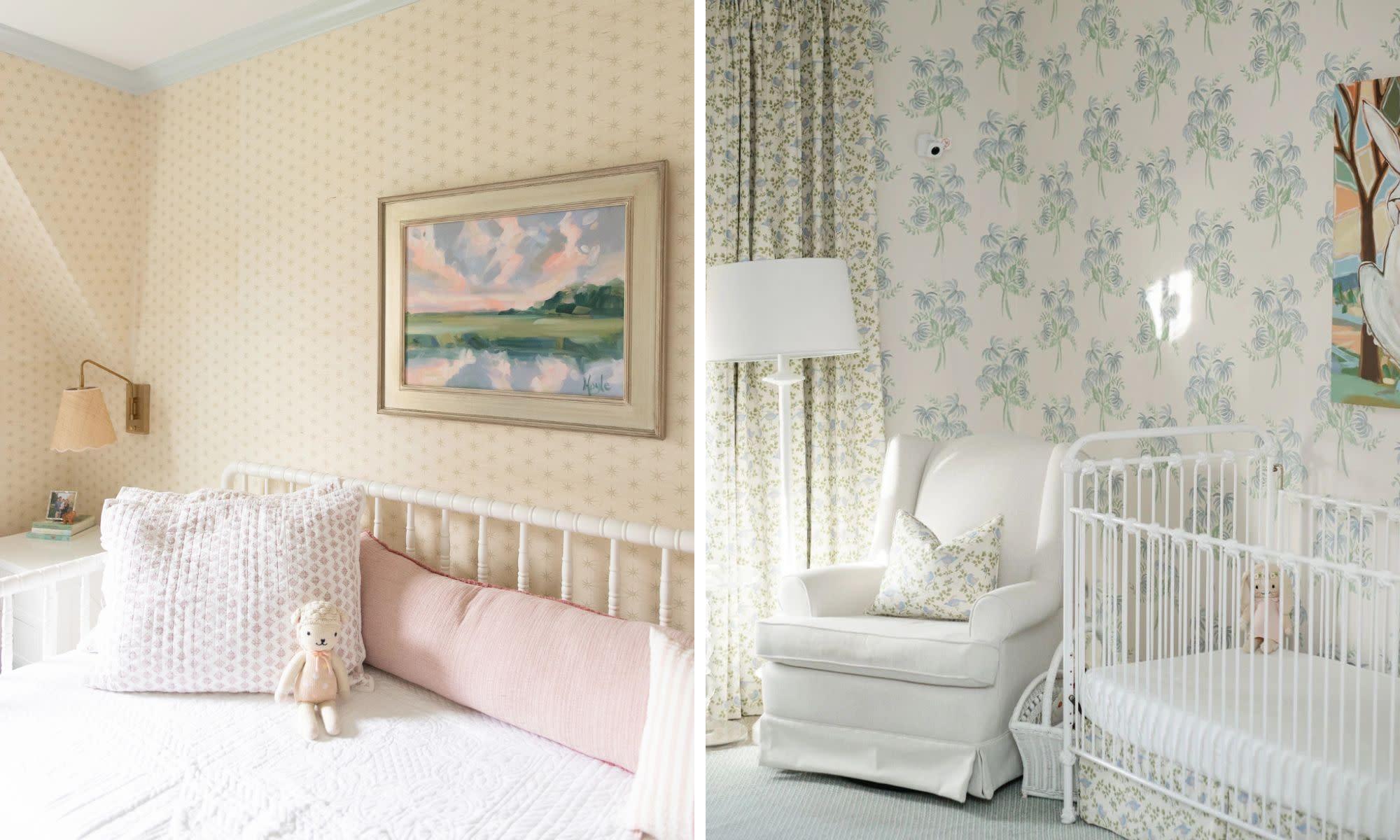 Two images of kids rooms with timeless wallpaper and classic decor.