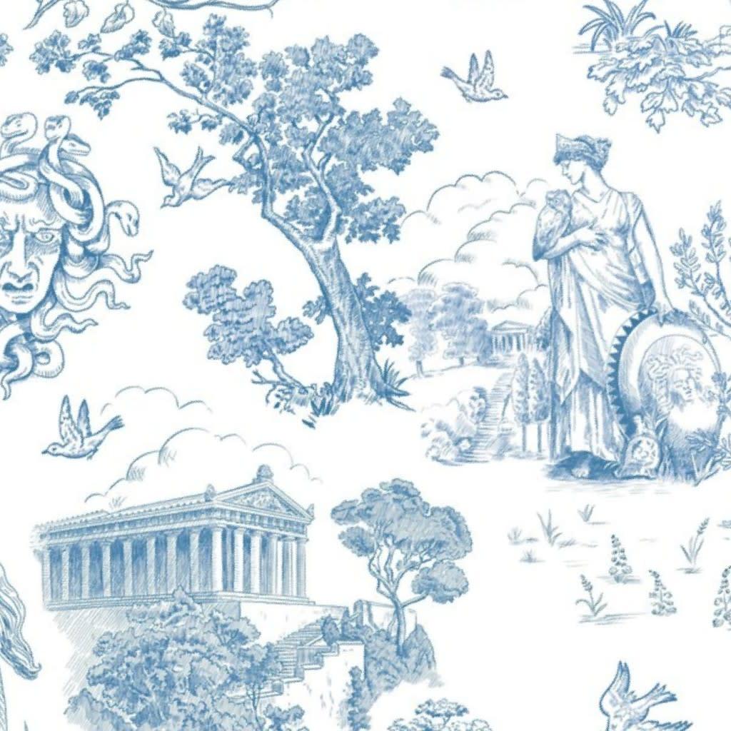 Greek Mythology Toile Blue on White Wallpaper by vinpauld