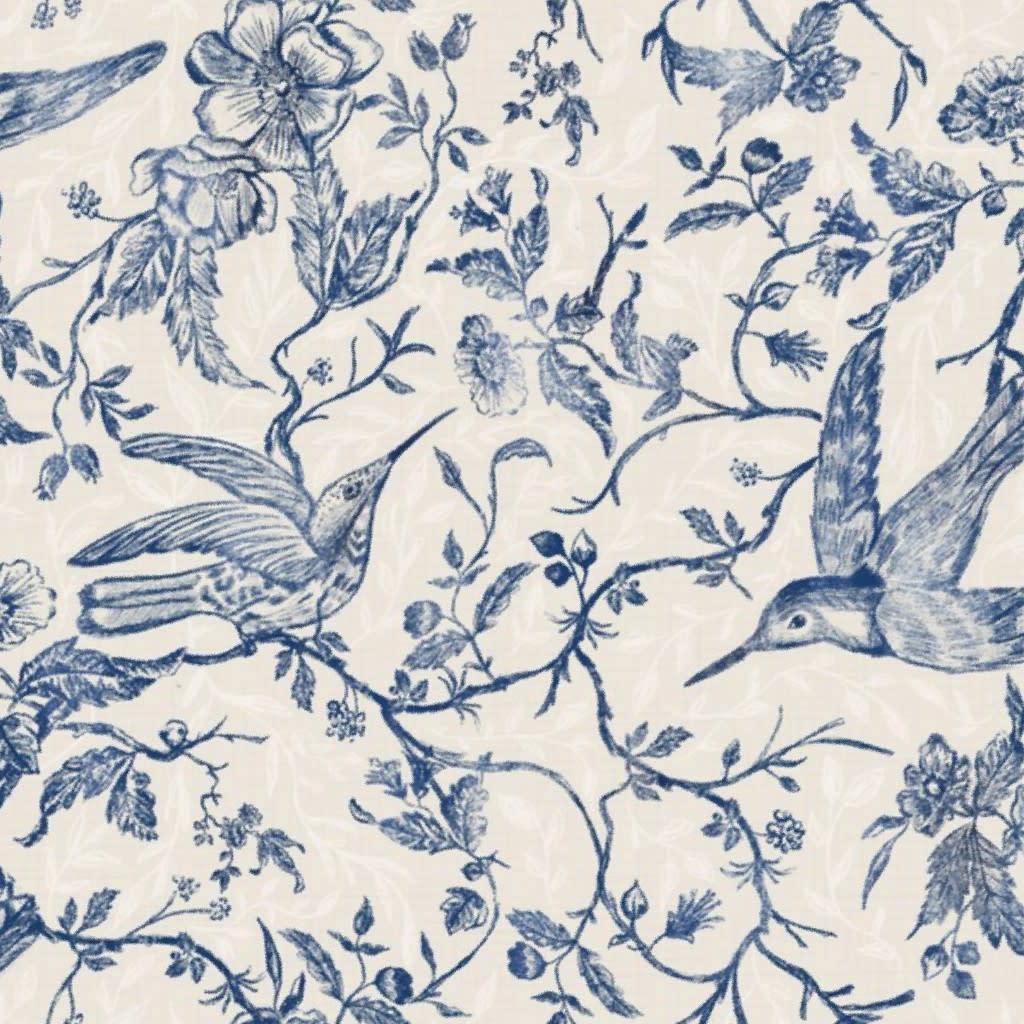 French Country Vintage Birds and Roses_Blue_Large Wallpaper by bridgettstahlman