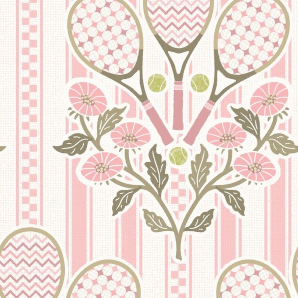 Preppy Tennis fans floral with tennis rackets, balls and pink stripes - warm pink and green Wallpaper by misentangledvision