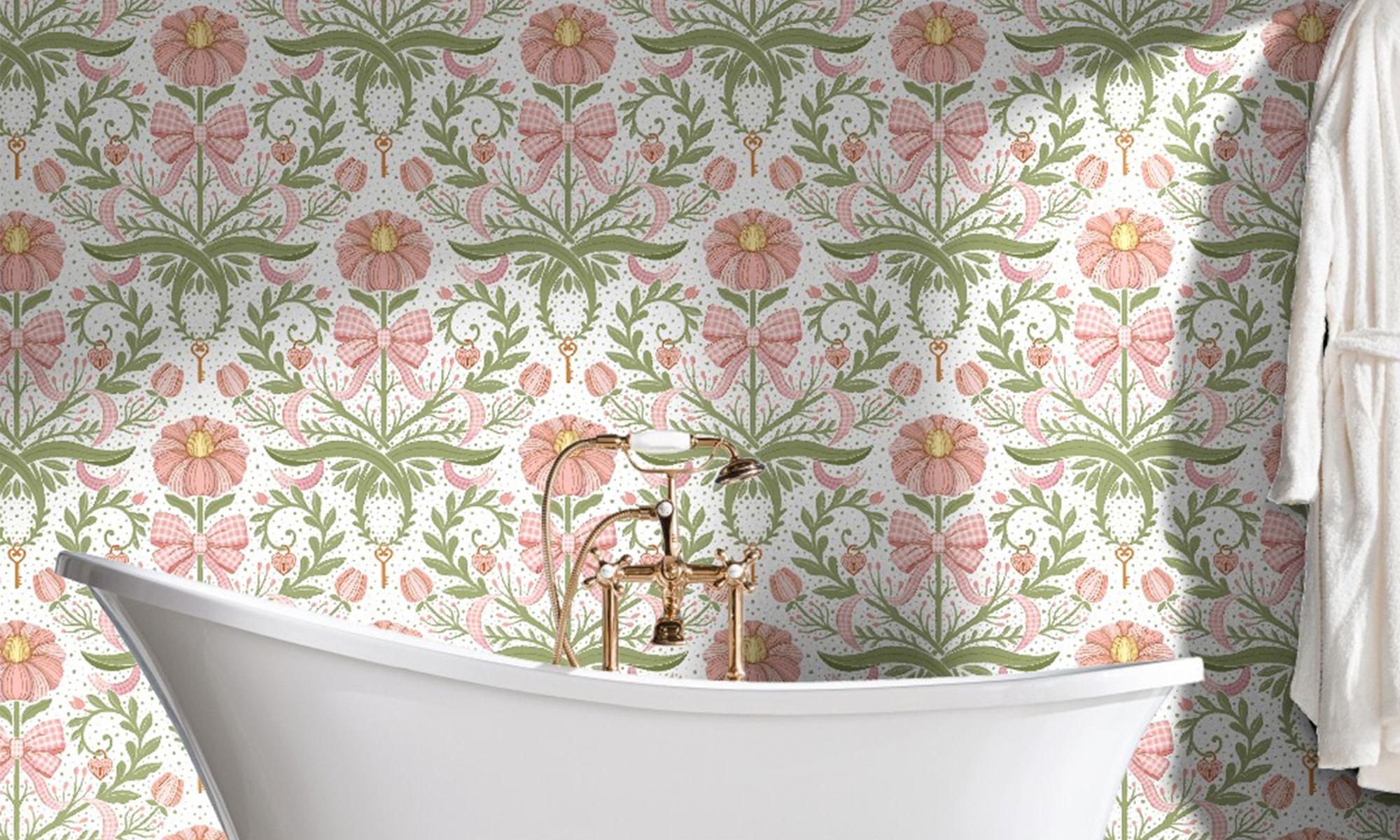 Find the key to your heart pink and green - Preppy - bows - botanicals Wallpaper by cuteteez in a bathroom.