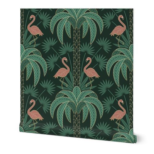 Palm Trees and Flamingo - Art Deco Tropical Damask - deep emerald green - faux gold foil - extra large scale Wallpaper: Peel and Stick