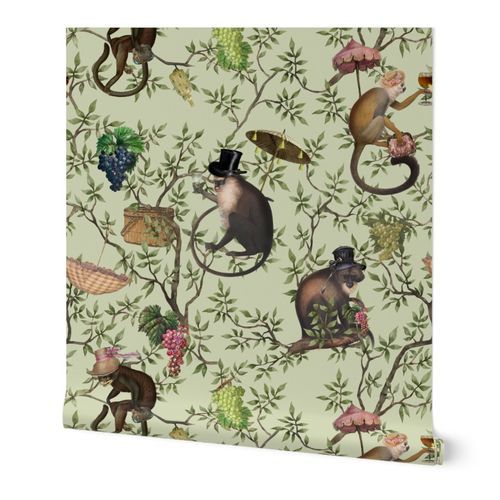 nostalgic antiqued Monkeys Garden Party - Antique Grand Millennial Chinoiserie with drunk monkeys green,Vintage home decor, antique wallpaper,- Marie Antoinette Chinoiserie inspired Wallpaper: Peel and Stick