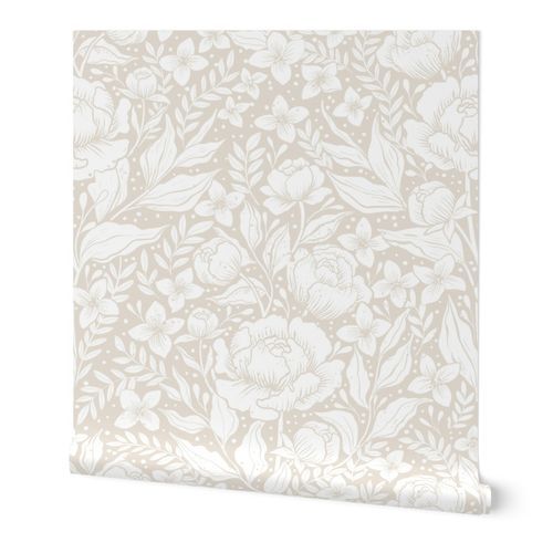 Peonies -neutral botanical Art Nouveau large scale Victorian wallpaper Wallpaper: Peel and Stick