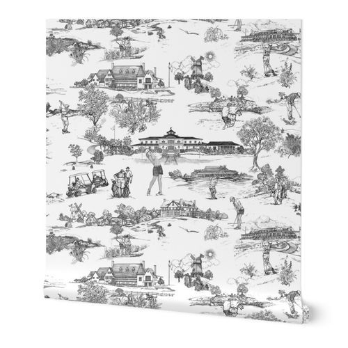 Hamptons Historical Golf Courses Toile - black and white Wallpaper Wallpaper: Peel and Stick