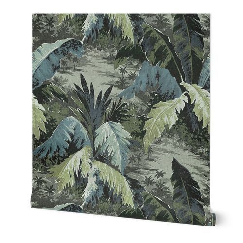 ART DECO TROPICALE - VINTAGE MUTED GREEN BLUE, LARGE SCALE Wallpaper: Peel and Stick