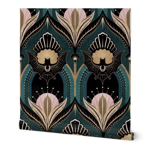 Elegant Art Deco bats and flowers - Teal, gold, black and pink - jumbo Wallpaper: Peel and Stick