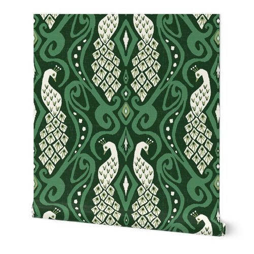 peacock ikat/white on green/large Wallpaper: Peel and Stick