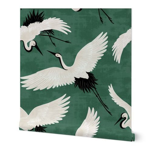 Cranes - Emerald Wallpaper: Peel and Stick