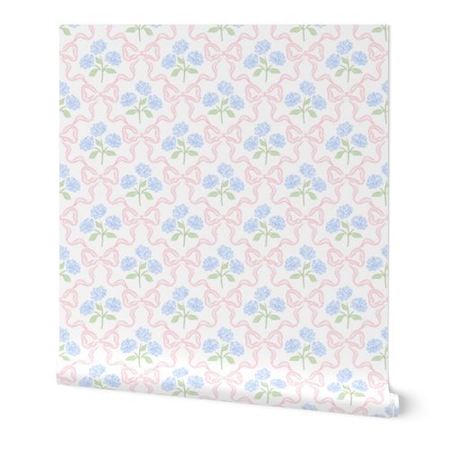 Blue Hydrangea Bouquet with Pink Bow Trellis Lattice Scallop Grand Millennial Preppy Ditsy Floral PF127D Wallpaper: Peel and Stick