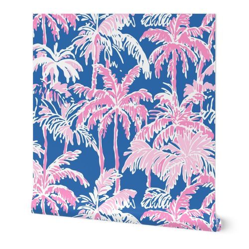 Preppy Barbiecore Palm Trees Blue Pink - XL Scale Wallpaper: Peel and Stick