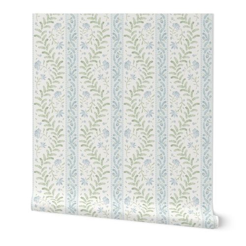 Hand-painted watercolor florals, vine leaves and zig zag stripes_sage blue_12 Wallpaper: Peel and Stick