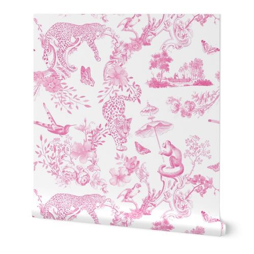 Preppy Chinoiserie Pink Jungle Toile Pattern with Leopards and Monkeys Wallpaper: Peel and Stick