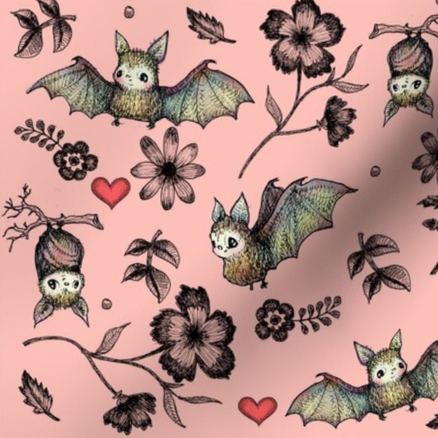 Bats and Hearts on Pink Fabric