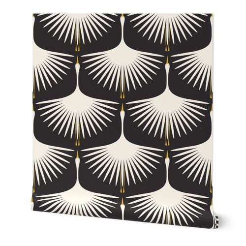 Art Deco Swans - Cream on Black Wallpaper: Peel and Stick