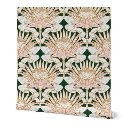 Rose King Protea Art Deco (forest green) 18” Wallpaper: Peel and Stick