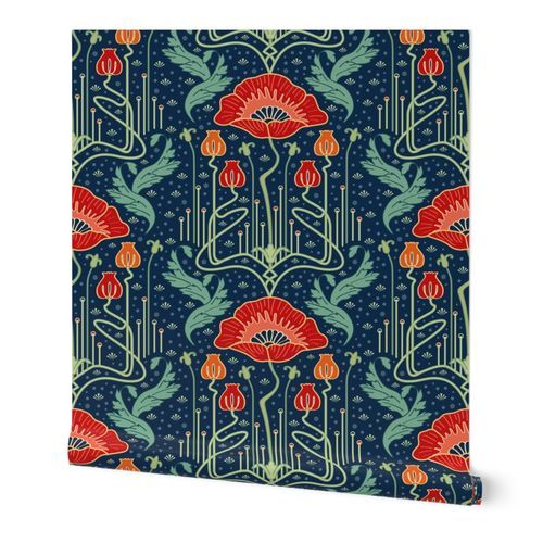 art nouveau poppy red wallpaper Wallpaper: Peel and Stick