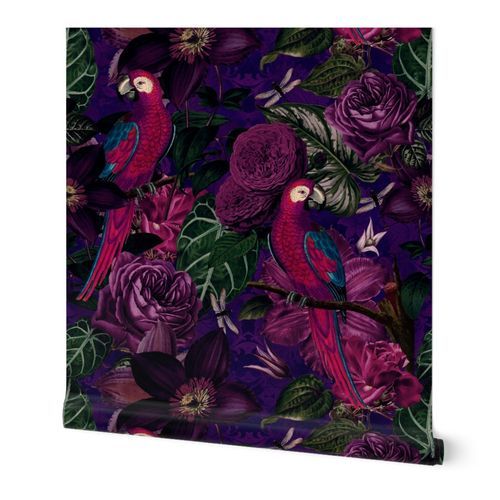 Dark Jungle Birds Tropical Pattern With Birds And Exotic Plants Medium Size Wallpaper: Peel and Stick