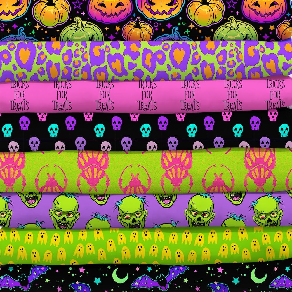 Stack of neon halloween fabrics